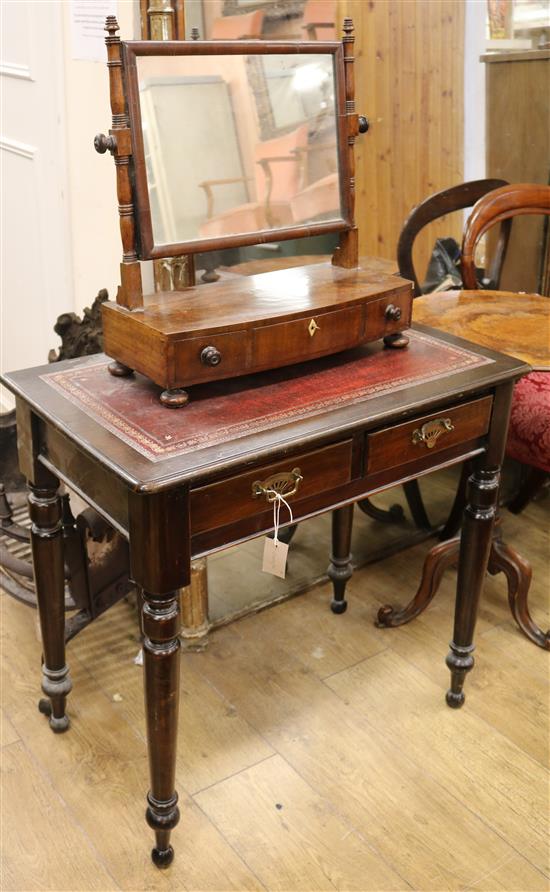 A Victorian style writing table and a toilet mirror W.76cm and W.49cm
